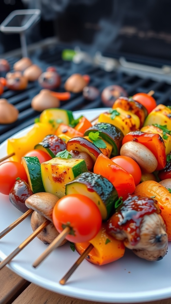 Grilled vegetable skewers with bell peppers, zucchini, mushrooms, and cherry tomatoes, glazed with barbecue sauce.